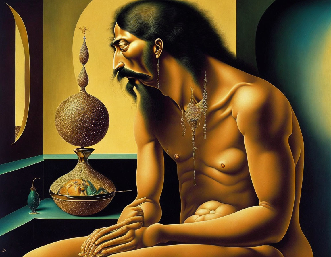 Surrealist painting: Seated man merges with objects seamlessly
