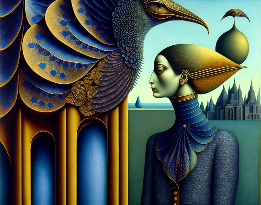 Surreal artwork of woman, peacock, and gothic architecture