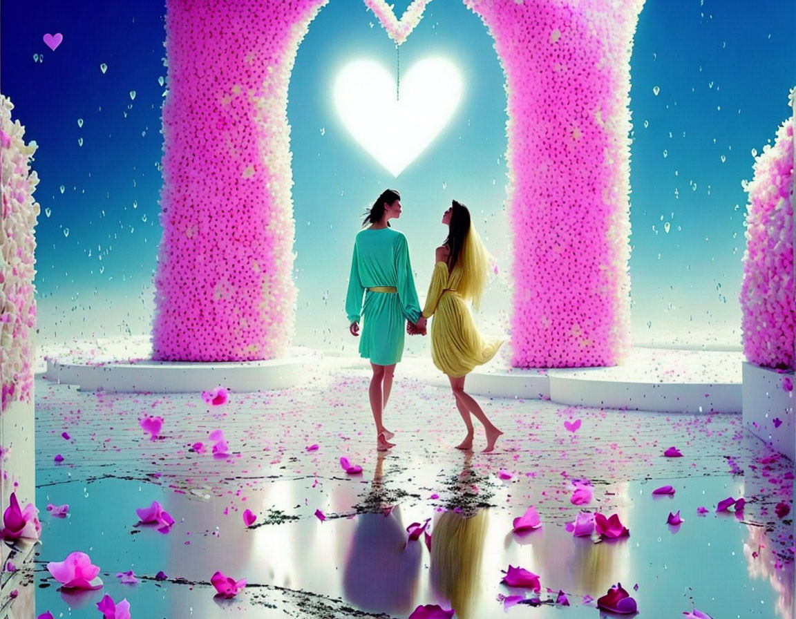 Couple holding hands near heart-shaped structure with pink flowers