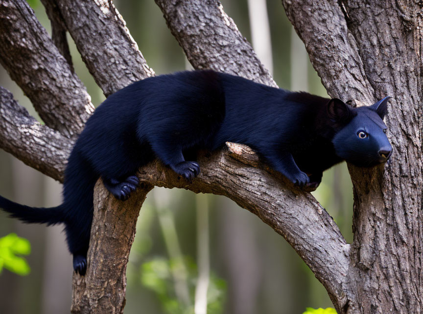 Black squirrel on tree branch with focused expression and bushy tail