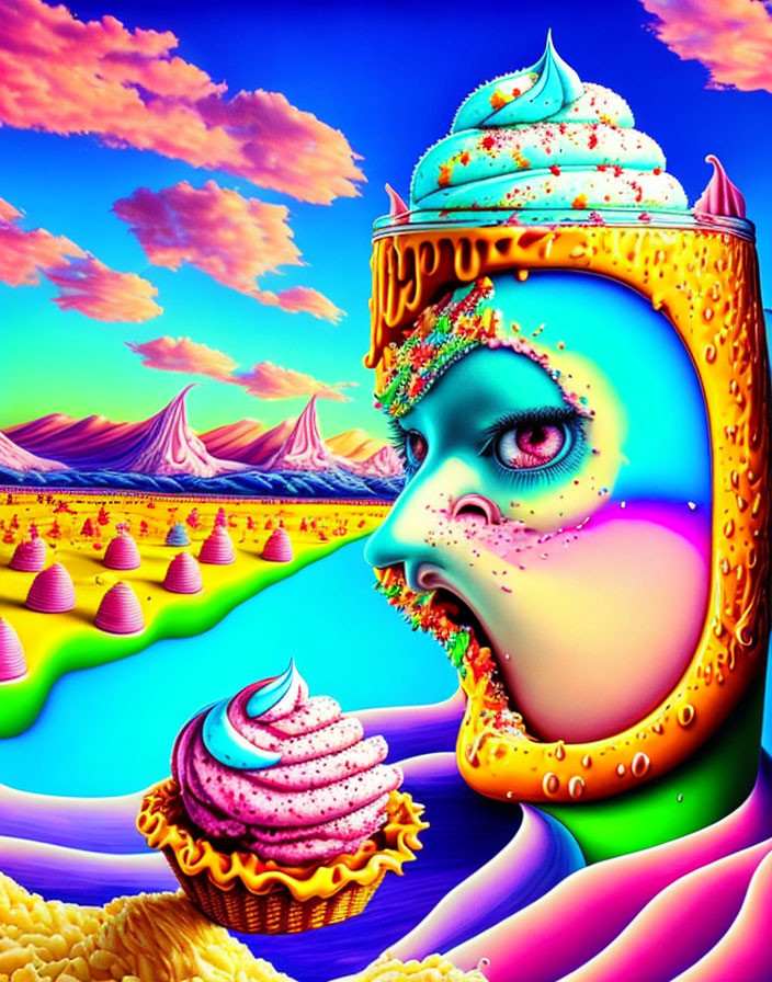 Colorful surreal landscape with face profile and cupcake, fantasy backdrop.