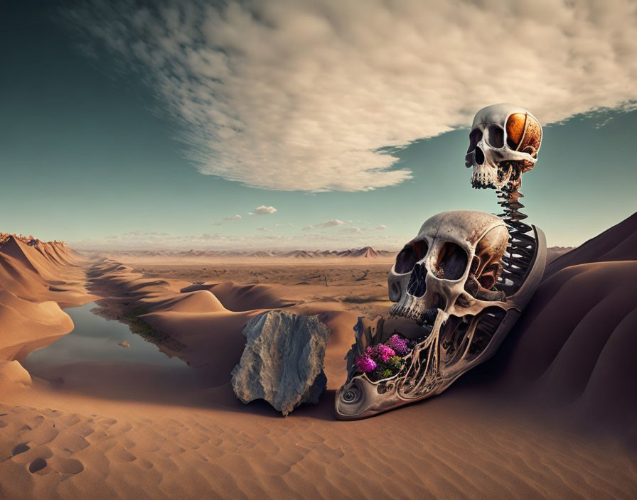 Surreal desert landscape with large skull and spine structure, second skull with purple flowers.