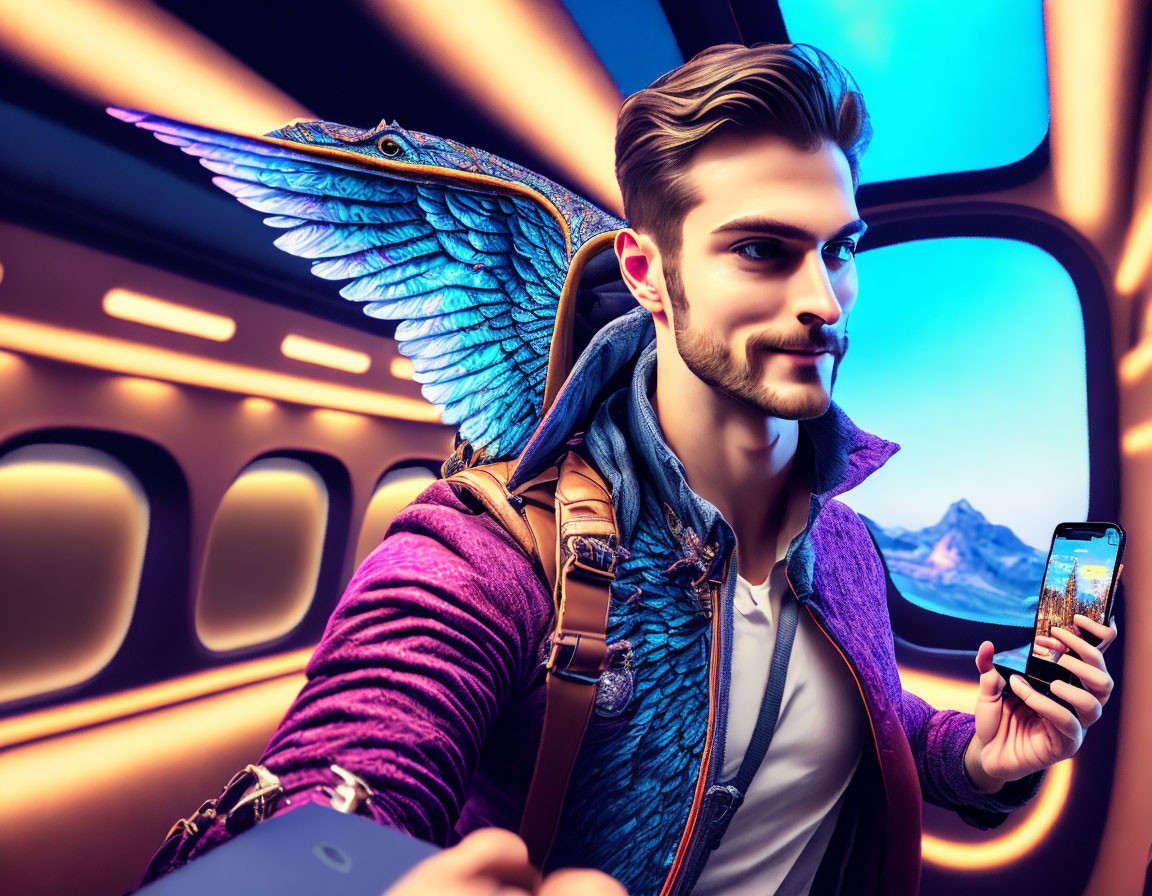 Man with dragon wings taking a selfie in futuristic vehicle with mountain view.