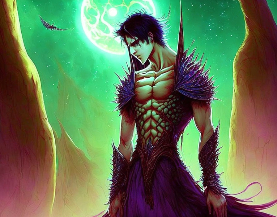Dark-Haired Male Fantasy Character in Spiky Pauldrons Armor under Greenish Sky