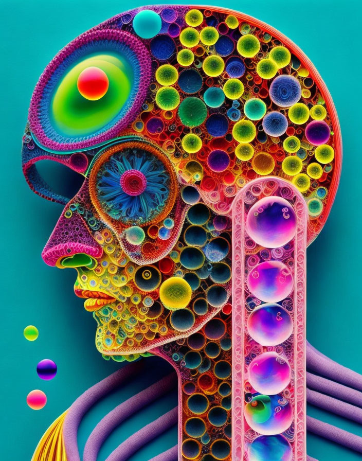 Colorful Psychedelic Human Profile Illustration with Circular Patterns