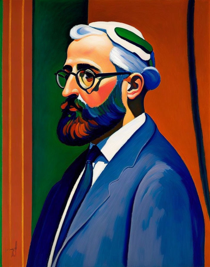 Colorful portrait of bearded man in blue suit and green visor on vibrant background