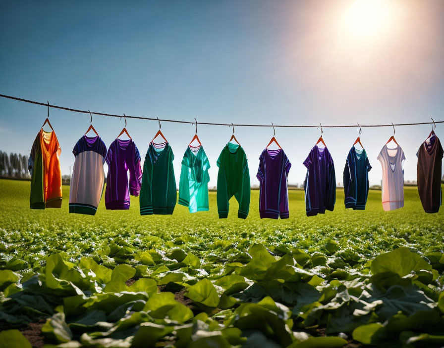 Vibrant shirts on clothesline over sunny crop field