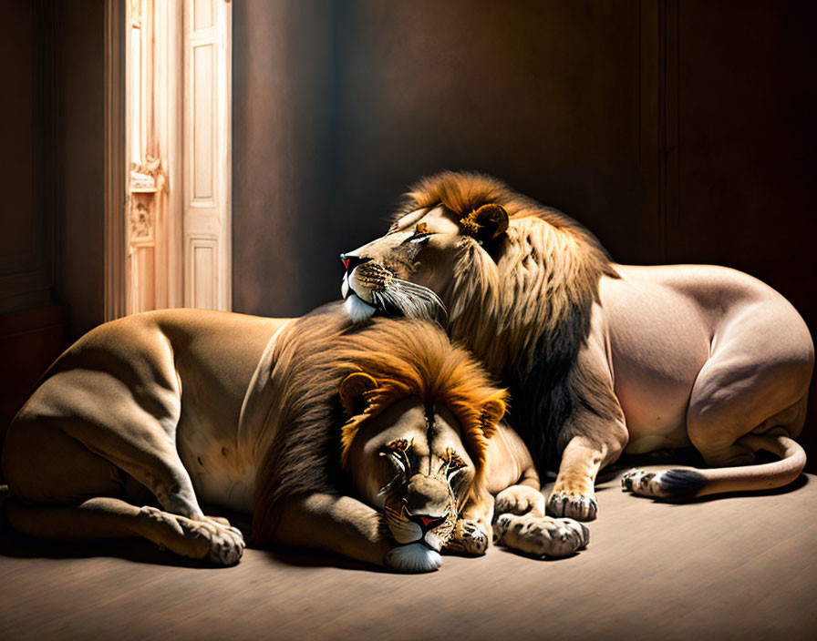 Regal lions lounging indoors in affectionate embrace