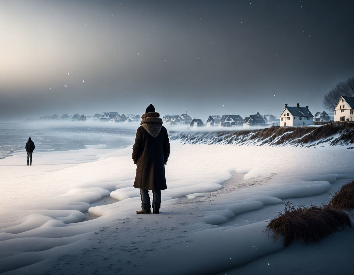 Person in coat gazes at misty village on snowy shore under starry sky