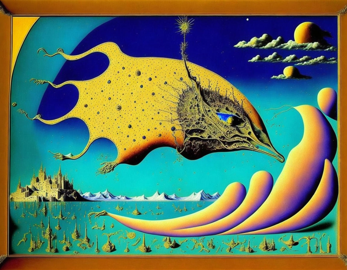 Fantastical creature gliding over surreal landscape with blue waves, castle, and moons