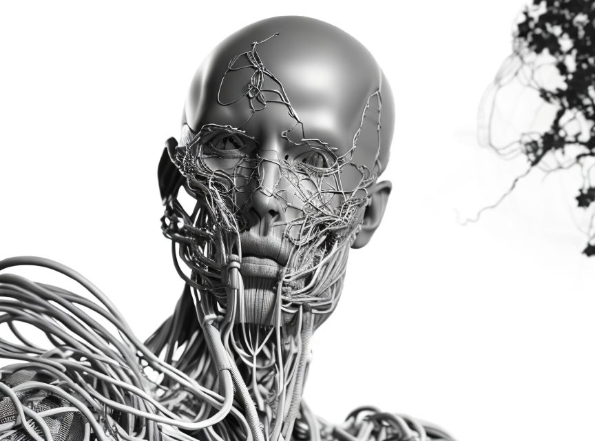 Monochromatic conceptual image of humanoid figure with wire and cable head