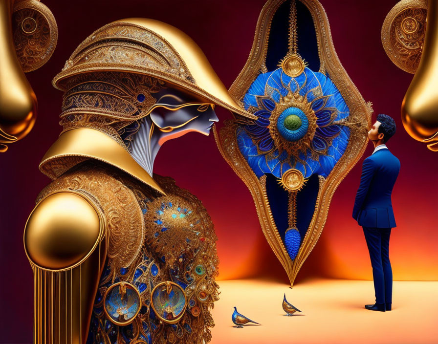 Man in Blue Suit Before Ornate Golden Mask with Peacocks