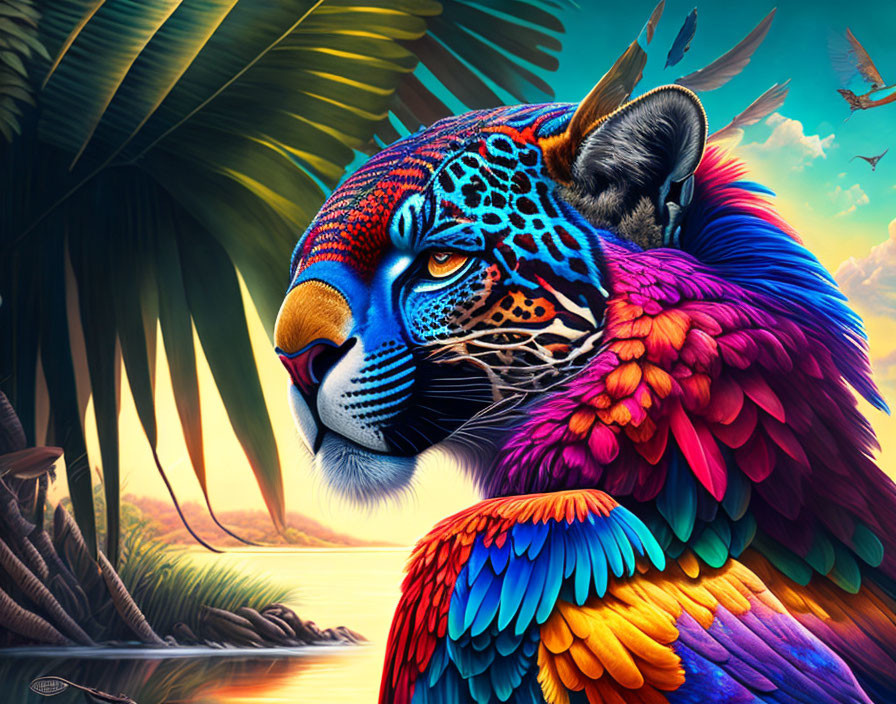 Colorful Digital Artwork: Jaguar Head with Parrot Feathers in Tropical Setting