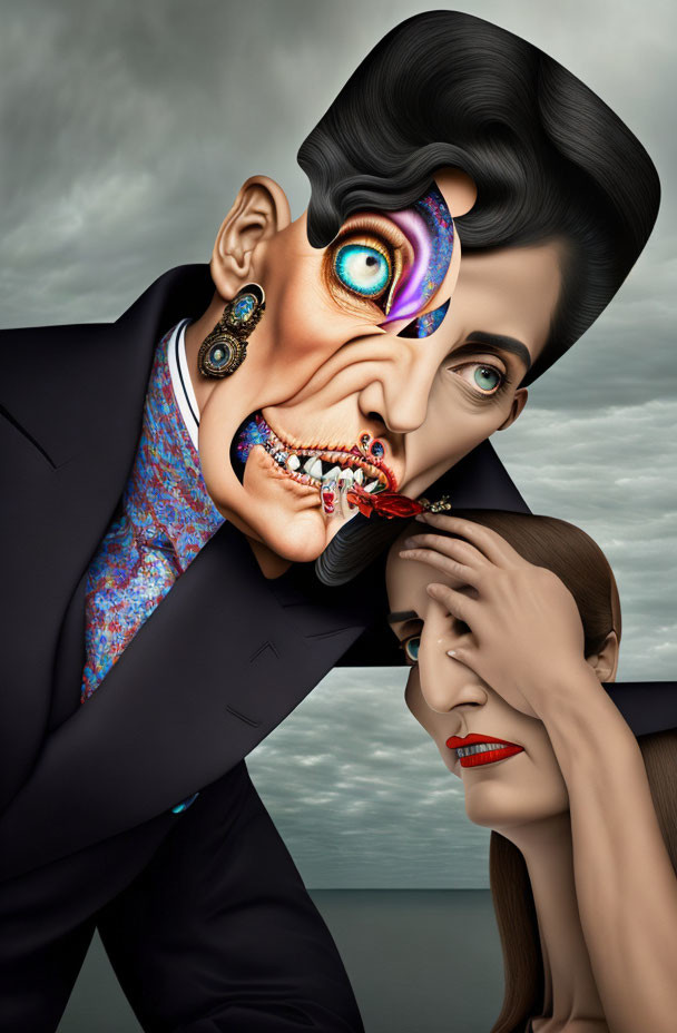 Colorful surreal artwork: man peeling face, revealing intricate designs, woman beside him.