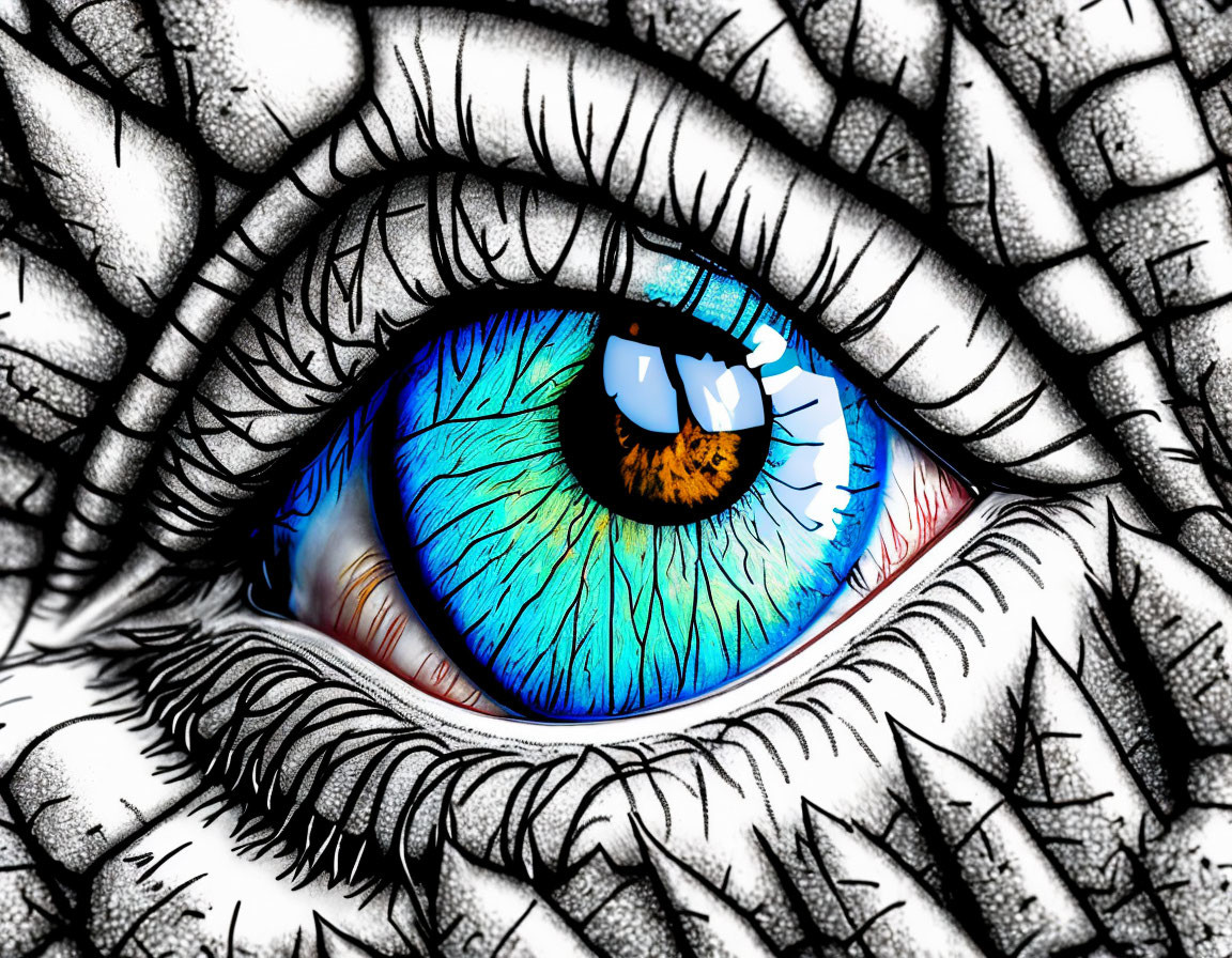 Detailed digital illustration of vibrant blue human eye with cracked skin texture.