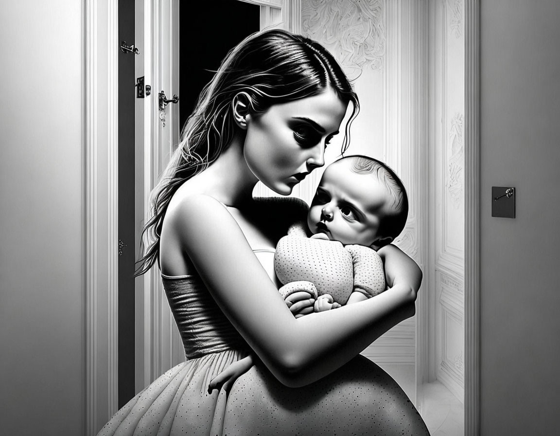 Monochrome artistic rendering of a woman holding a baby in a hallway