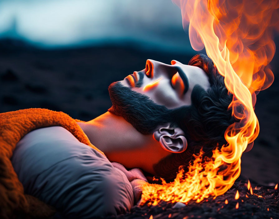 Man surrounded by stylized flames in surreal scene with warm orange and cool blue colors