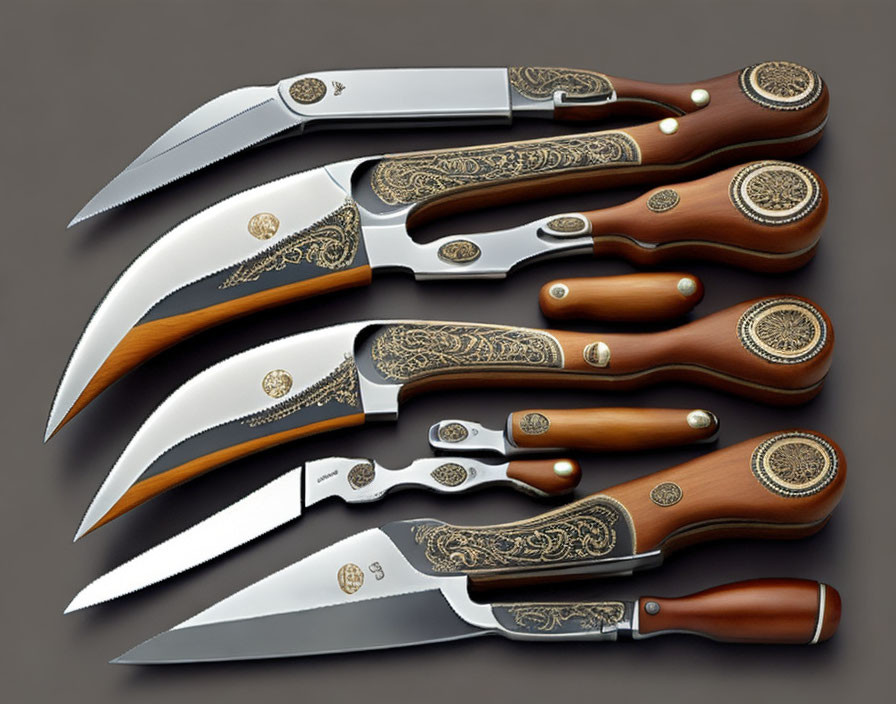 Ornate knives with wooden handles and intricate metal detailing on grey background