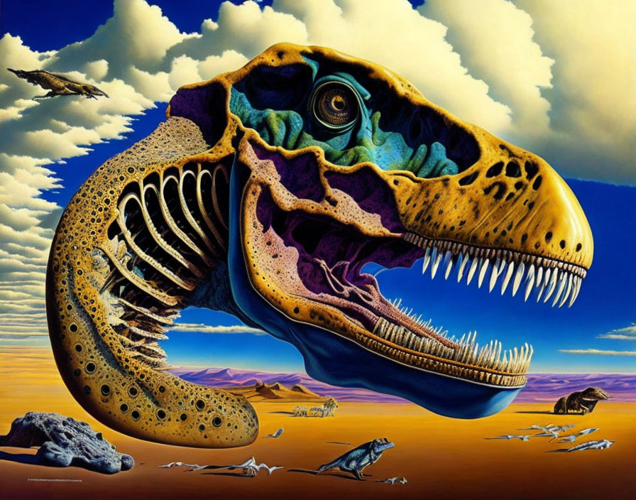 Detailed Dinosaur Skeleton in Desert Landscape