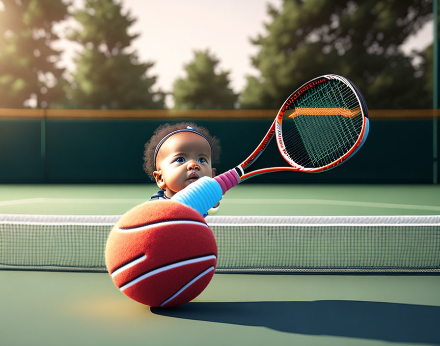 Digital artwork: Toddler with oversized tennis racket on basketball in tennis court