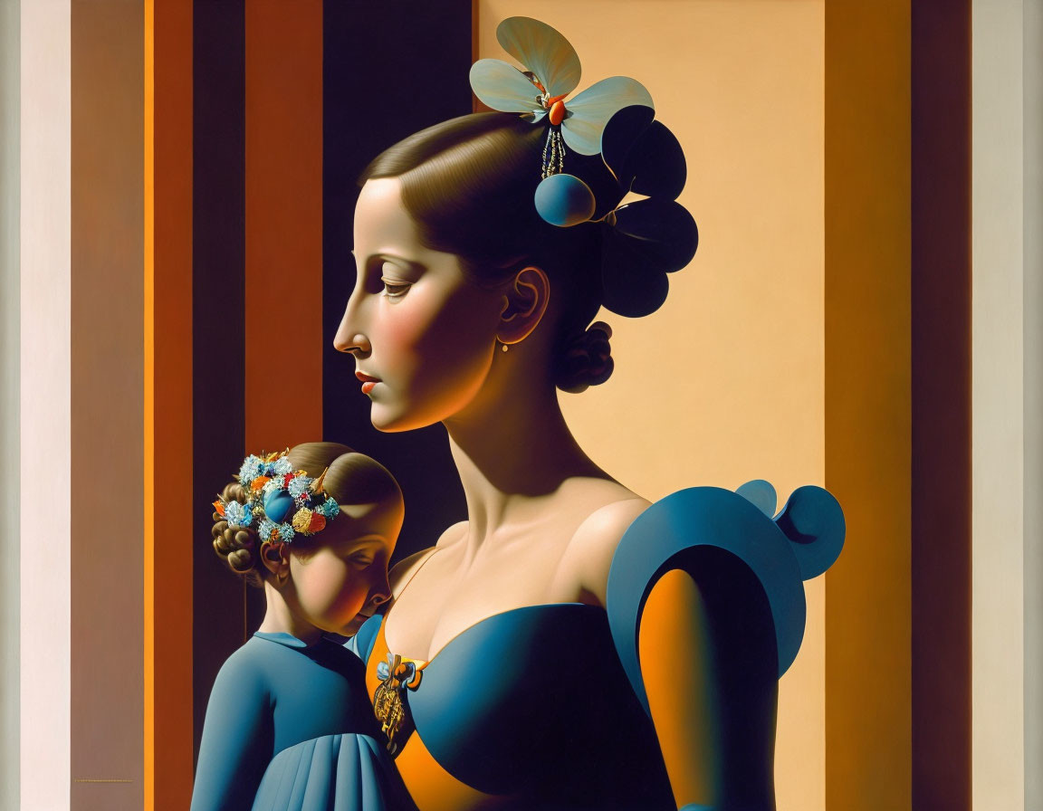 Stylized female figures with ornate hairstyles in blue dresses against vertical brown and beige stripes