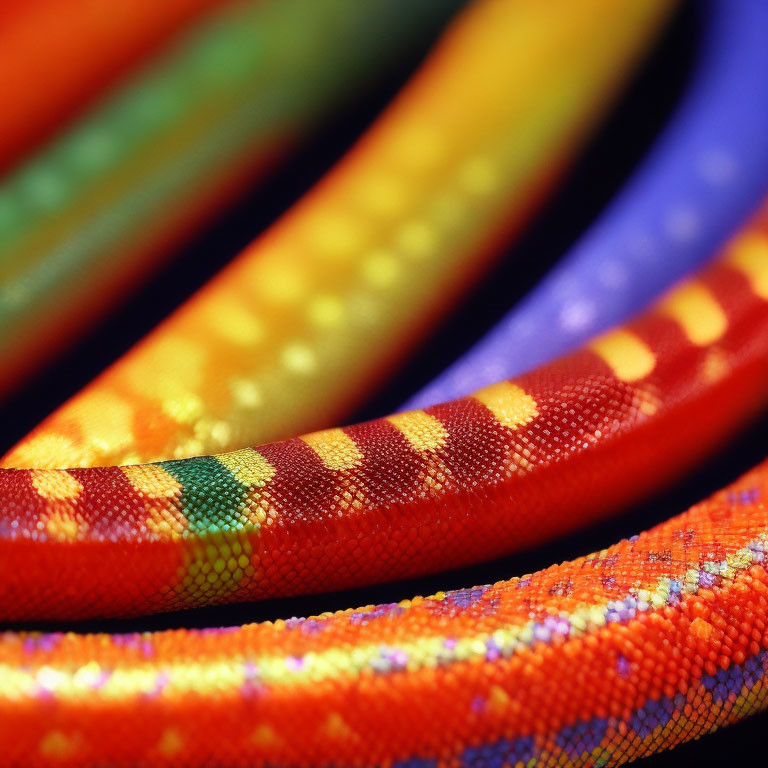 Vibrant close-up of rainbow-hued woven fabric patterns
