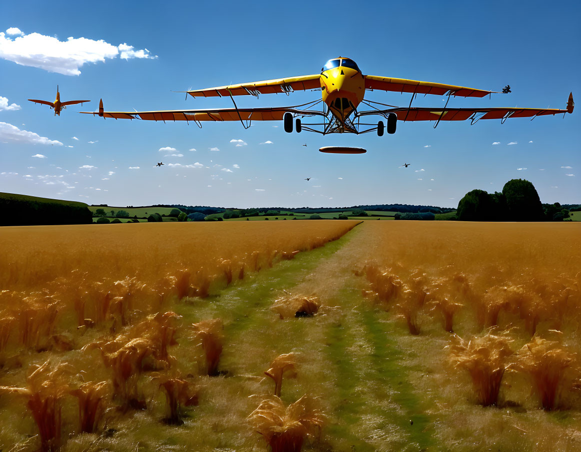 Yellow biplane flying over golden wheat field with blue sky and distant planes