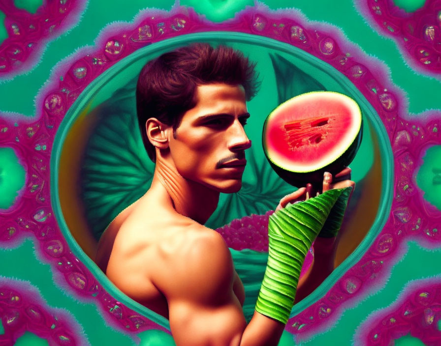 Contemplative man with watermelon against vibrant psychedelic background