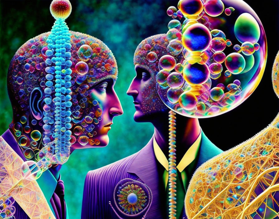 Colorful Psychedelic Art: Human Profiles with Bubble-Like Patterns and Cosmic Background