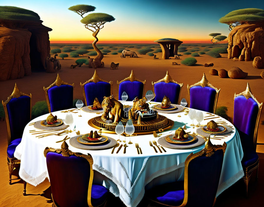 Luxurious Desert Outdoor Dining Scene with Animals and Ornate Furniture
