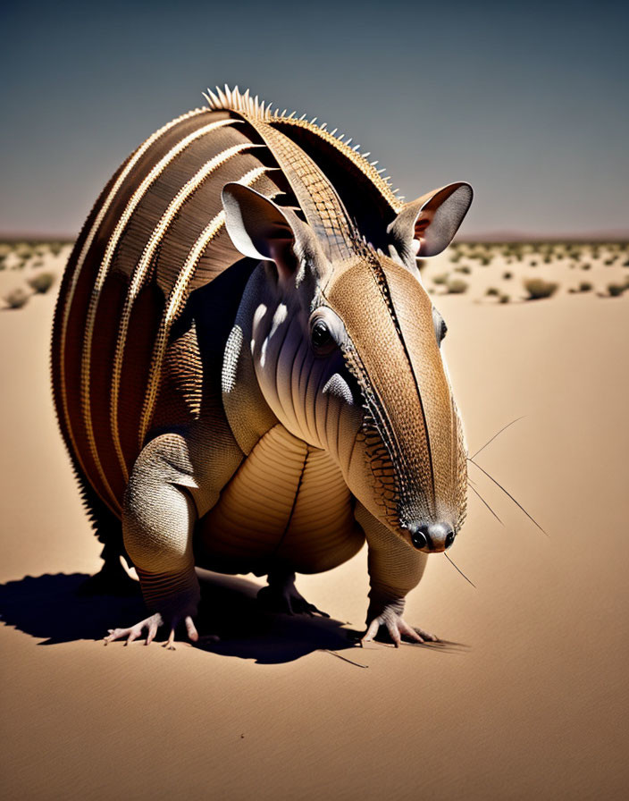 Desert armadillo with detailed armor plating on sand