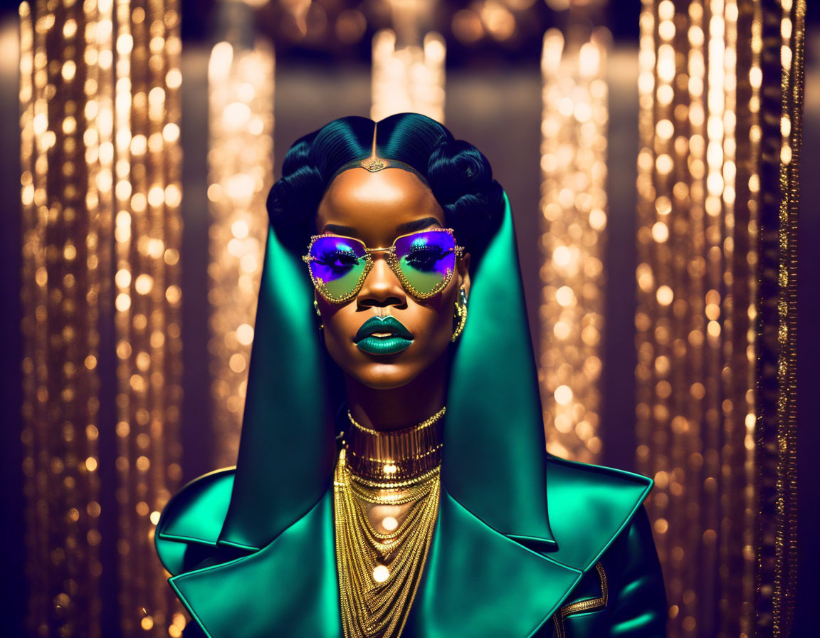Stylized woman in purple sunglasses with elegant green attire and gold jewelry