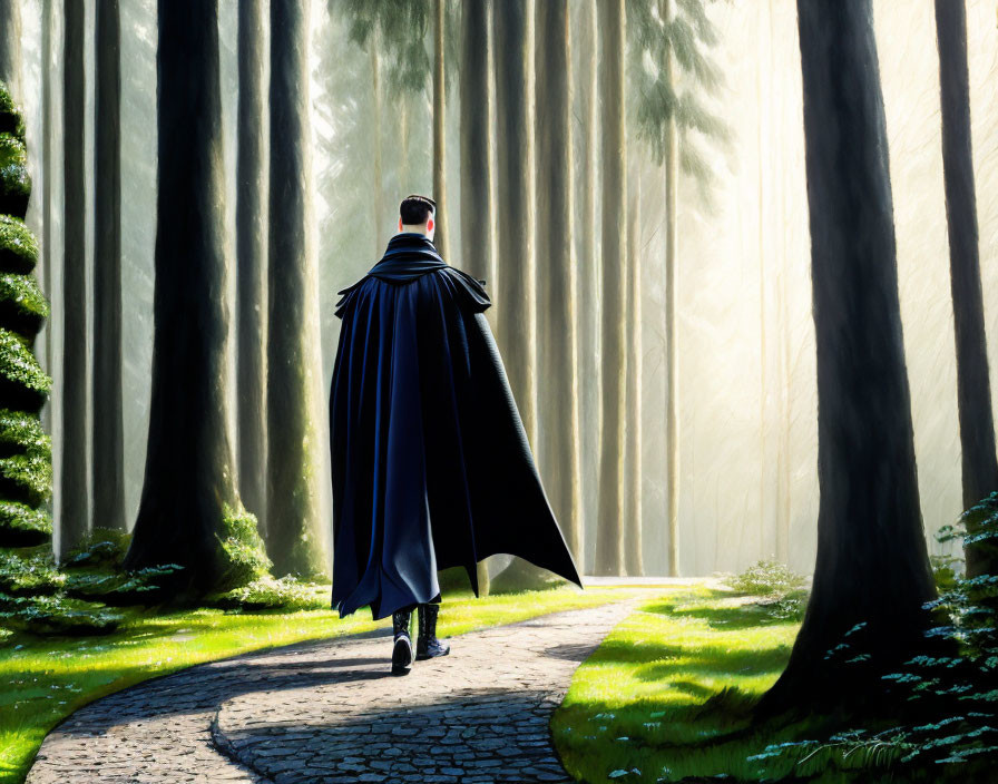 Person in superhero costume walking on winding forest path