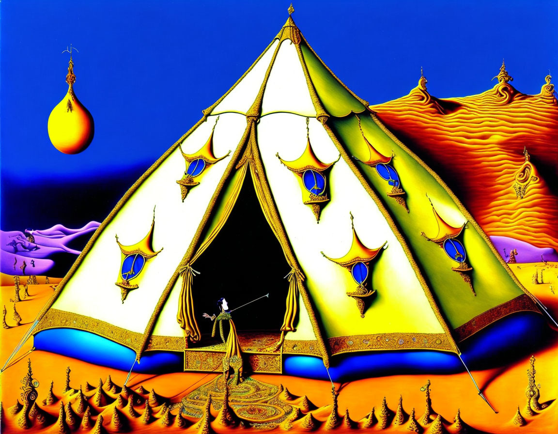 Colorful surreal landscape with ornate tent and person against wavy patterns and blue sky