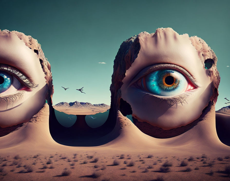 Surreal desert landscape with giant eye-shaped structures in vivid blue.