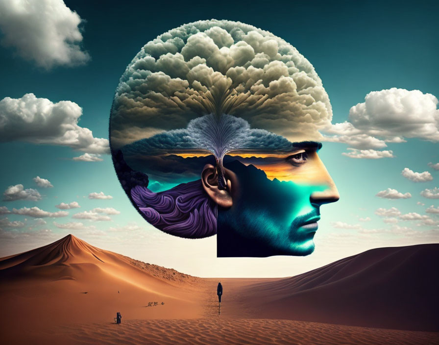 Surreal image of man's profile merging with landscape brain in desert setting