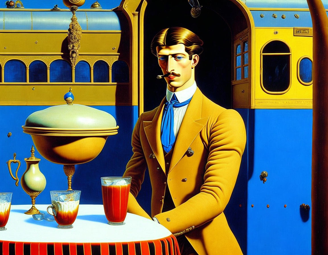 Surreal painting: Sharp-dressed man in upscale train dining car