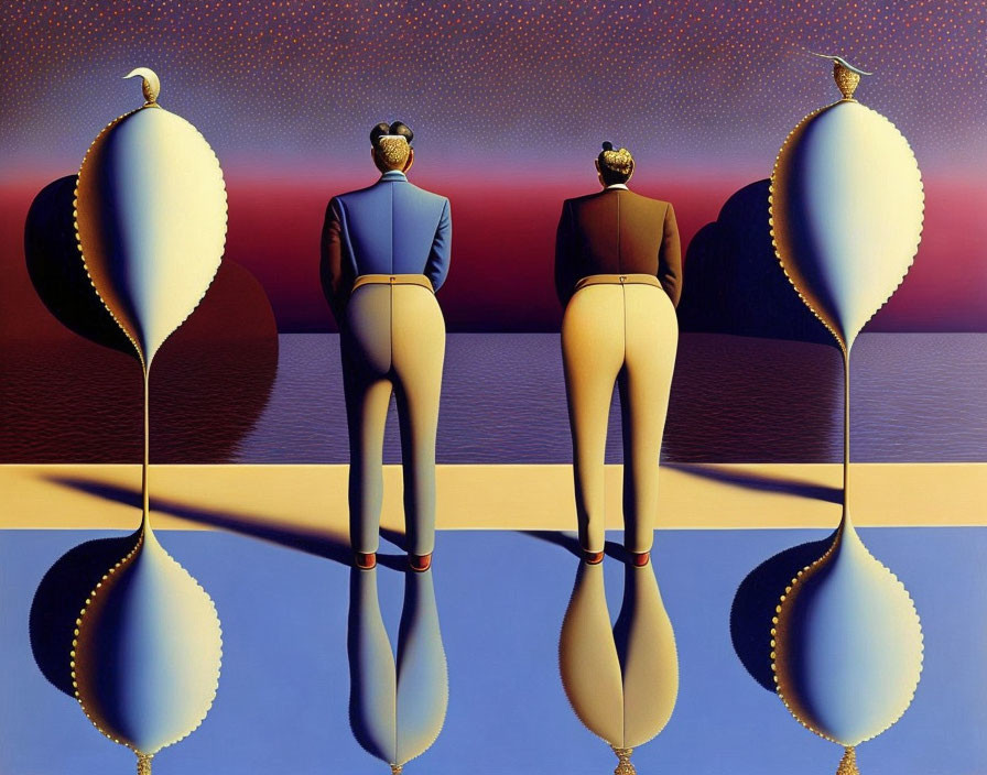Surreal painting: figures with mirror-reflected legs, birds on heads, dusk sky