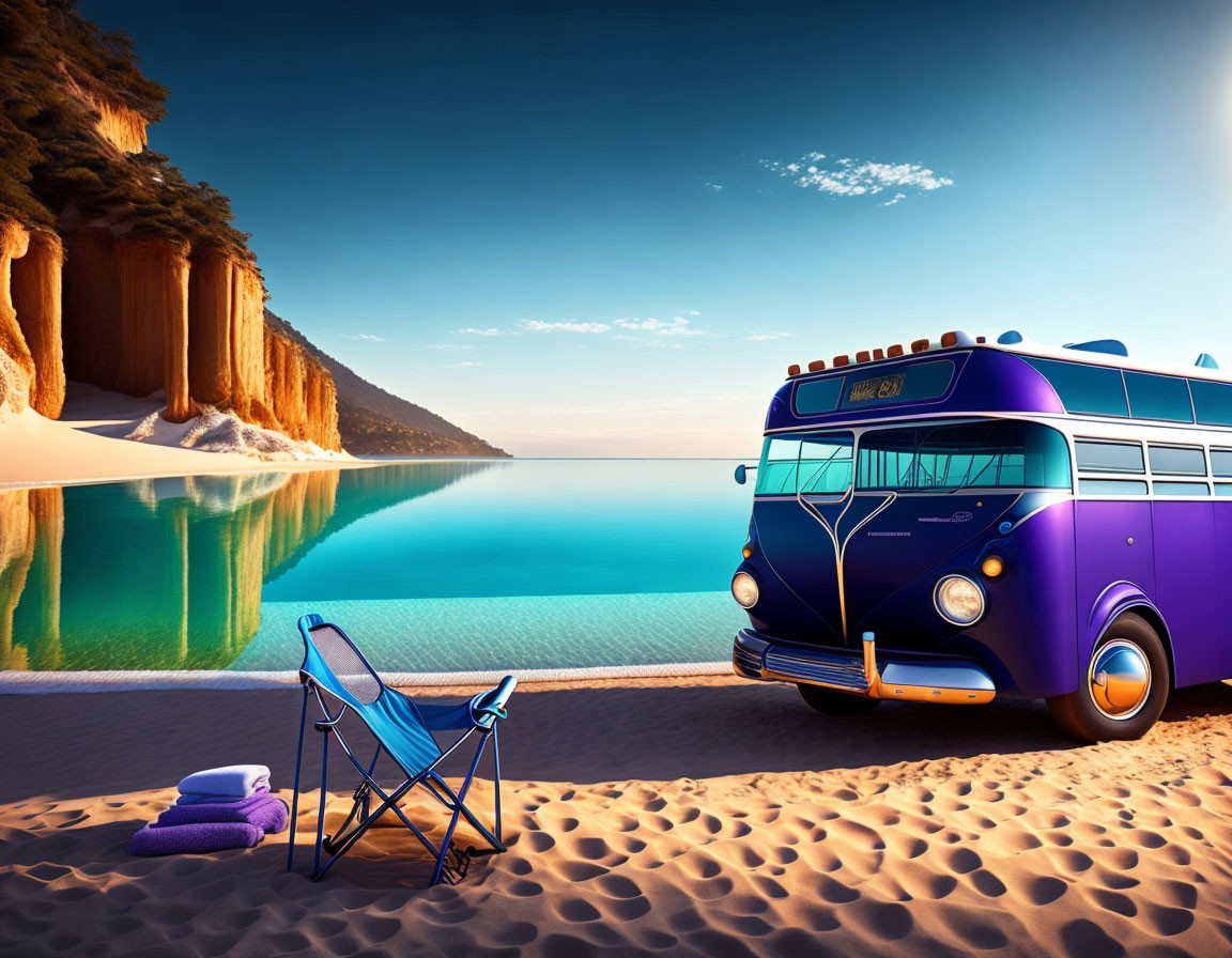 Vintage Blue Bus Parked by Tranquil Turquoise Beach with Golden Cliffs