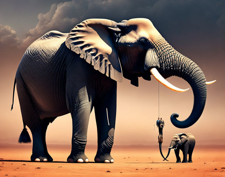 Surreal desert scene with large and small elephants