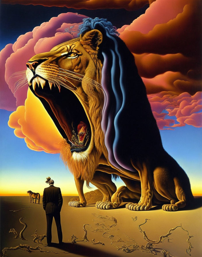 Surreal painting featuring giant lion, male figure, camel, dramatic clouds, and cracked earth landscape