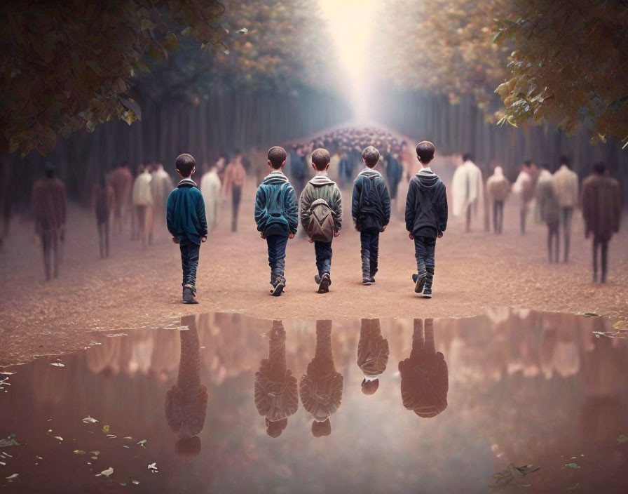 Children walking towards bright light on tree-lined path with reflections in water
