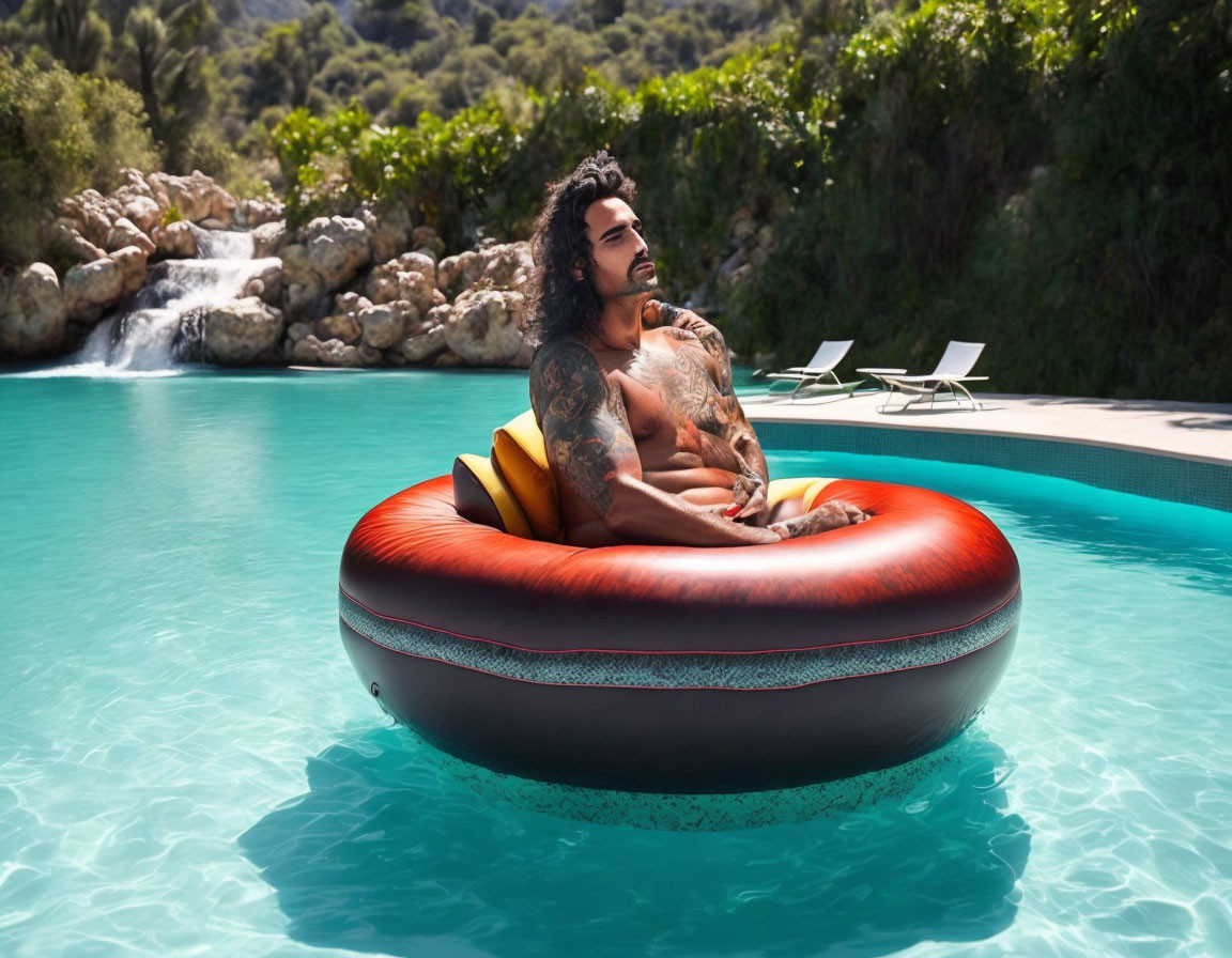 Tattooed man floating in pool with lush green backdrop