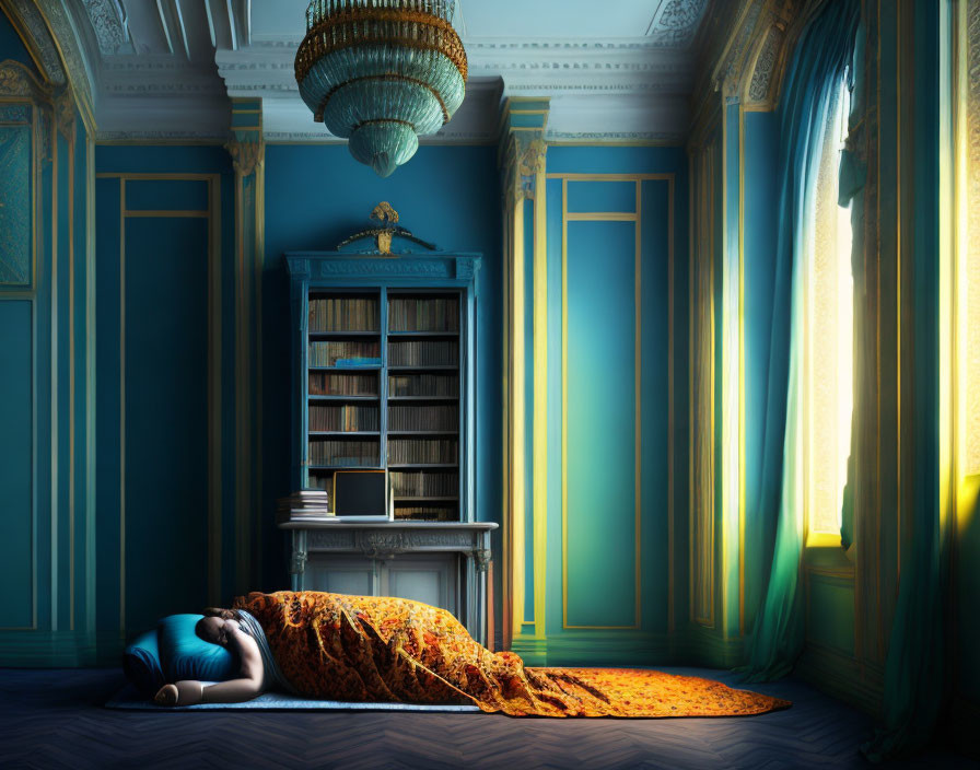 Luxurious Blue Room with Chandelier, Bookcase, and Sunlit Pillows