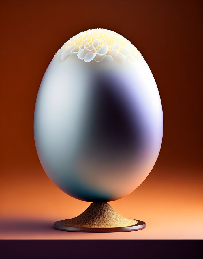Egg with Black-to-White Gradient and Floral Patterns on Wooden Stand
