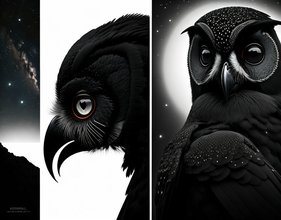Detailed Split Image: Black Eagle and Owl Feathers, Beaks, Eyes