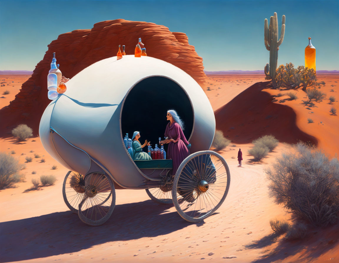 Surreal painting: giant snail-shaped cart with people, oversized bottles, desert landscape.