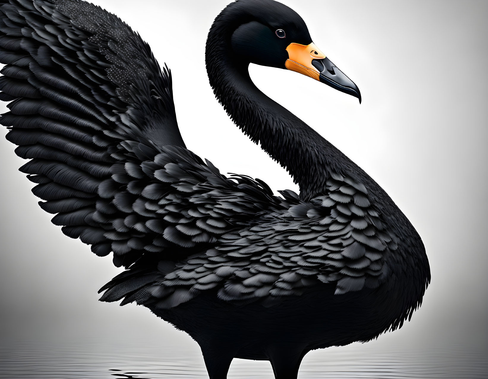 Detailed Black Swan with Striking Orange Beak and Feathers