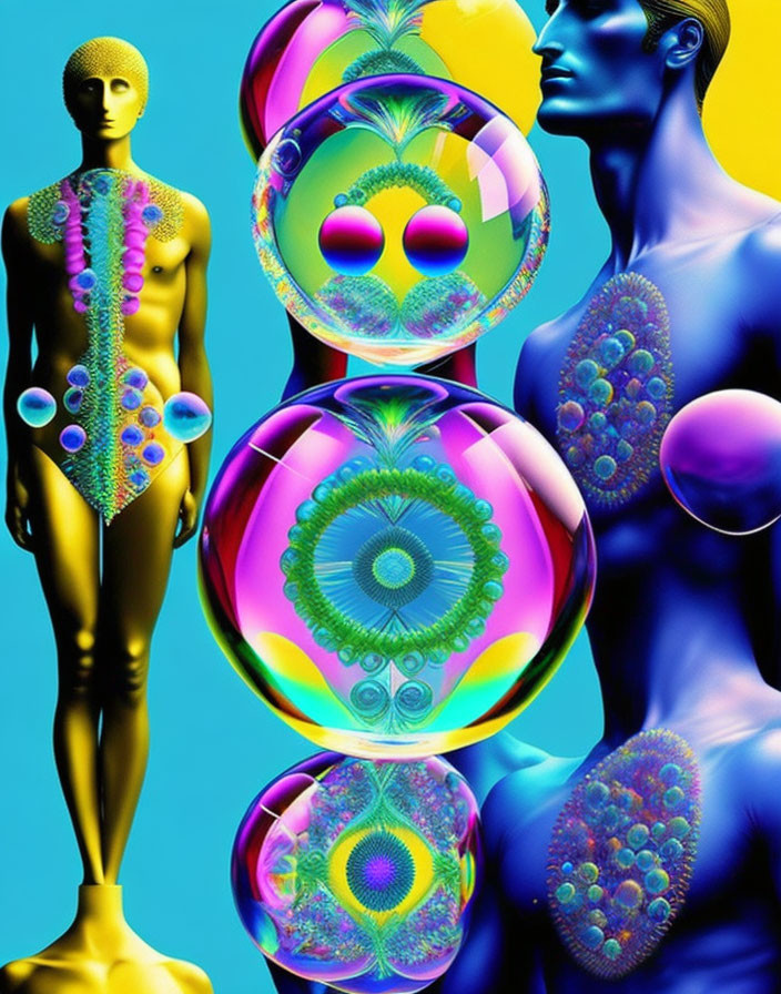 Colorful digital artwork: mannequin figures, abstract patterns, floating spheres
