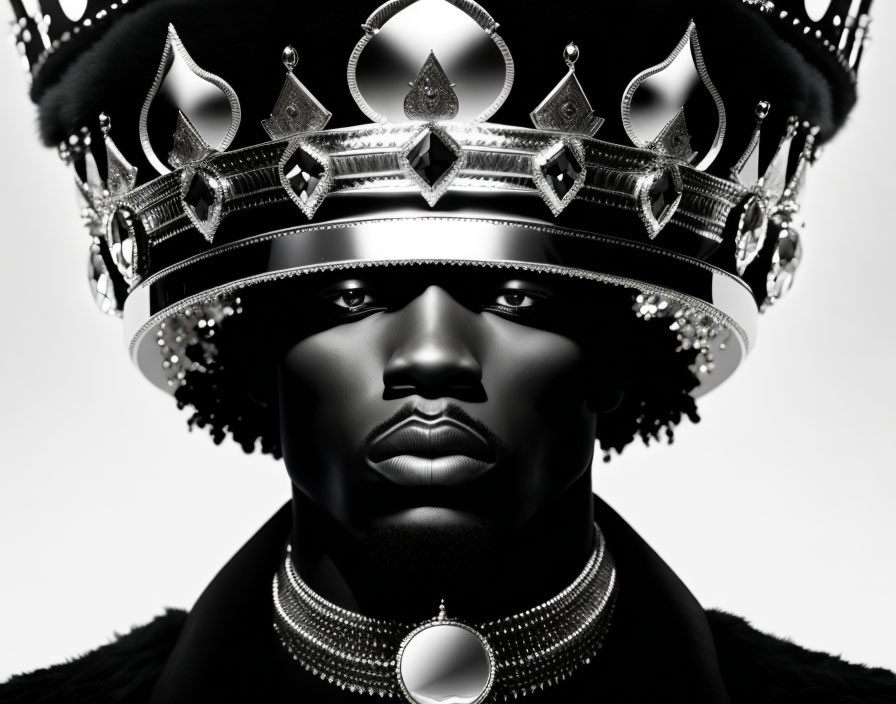 Dark-skinned person in ornate crown and necklaces against black-and-white backdrop exudes regal